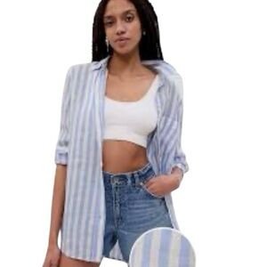 Gap Linen Boyfriend Button Up Shirt Size M Blue White Coastal Striped Top